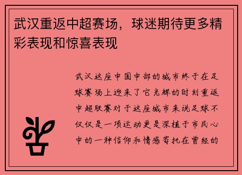 武汉重返中超赛场，球迷期待更多精彩表现和惊喜表现