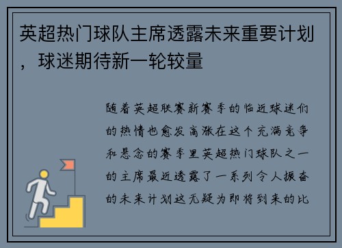 英超热门球队主席透露未来重要计划，球迷期待新一轮较量