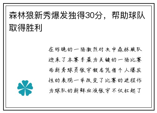 森林狼新秀爆发独得30分，帮助球队取得胜利