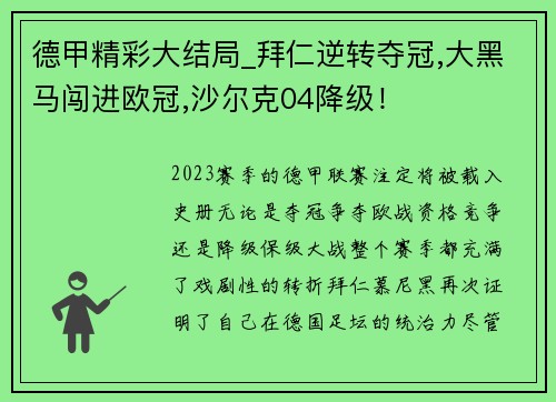 德甲精彩大结局_拜仁逆转夺冠,大黑马闯进欧冠,沙尔克04降级！